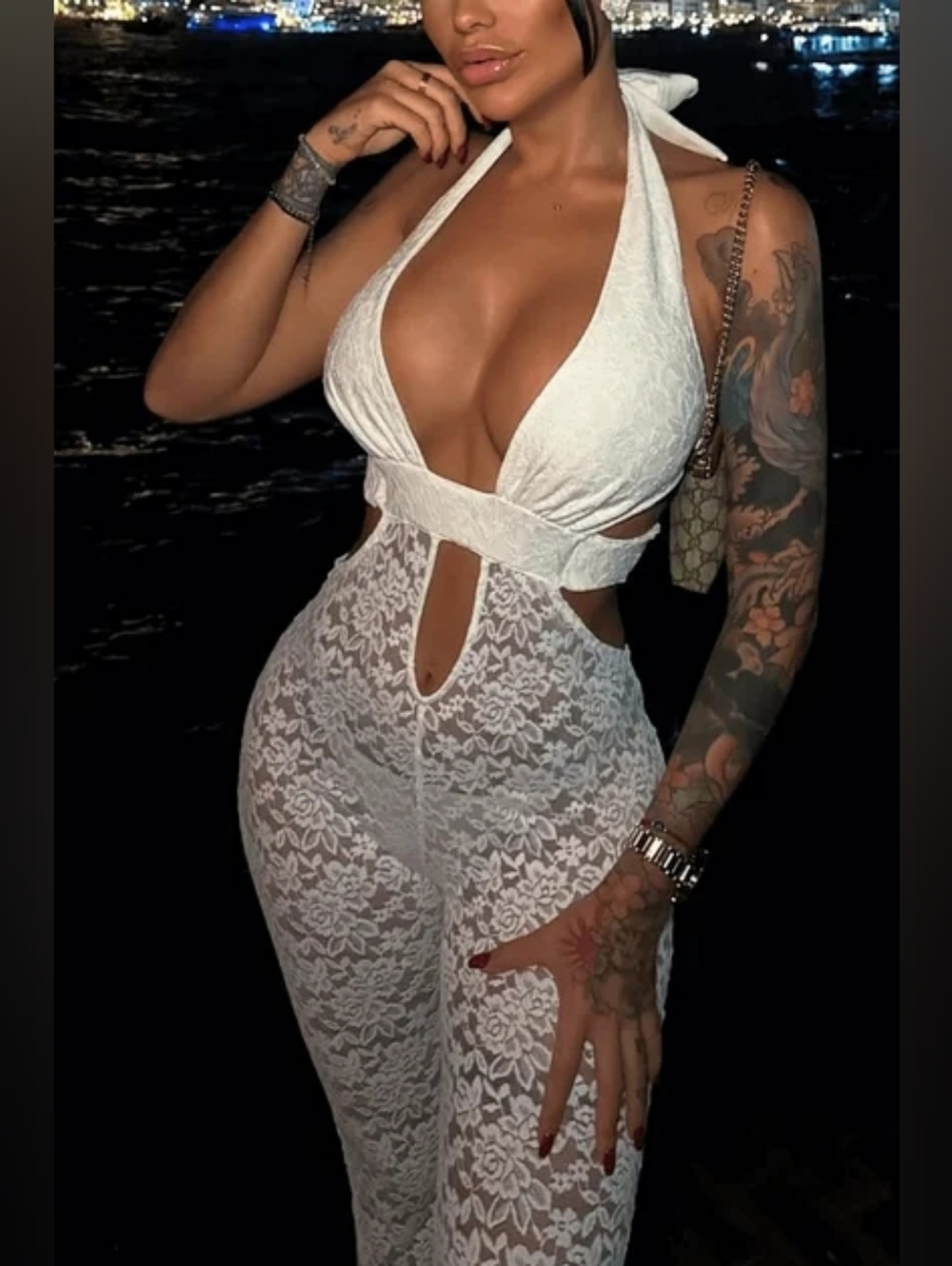 Sister Party White Lace Halter Cutout Jumpsuit Dress - Women